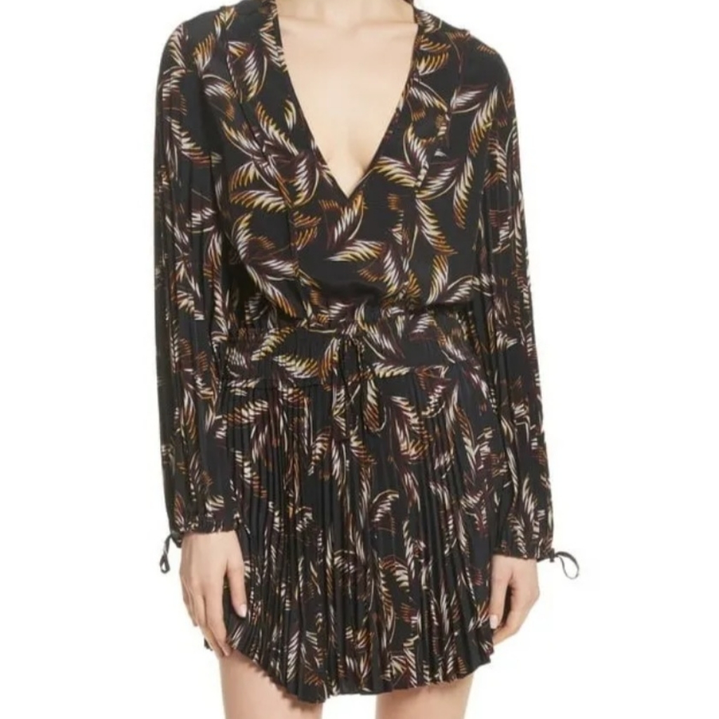 A.L.C. Rory Pleated Palm Silk Dress, Size 2-Black